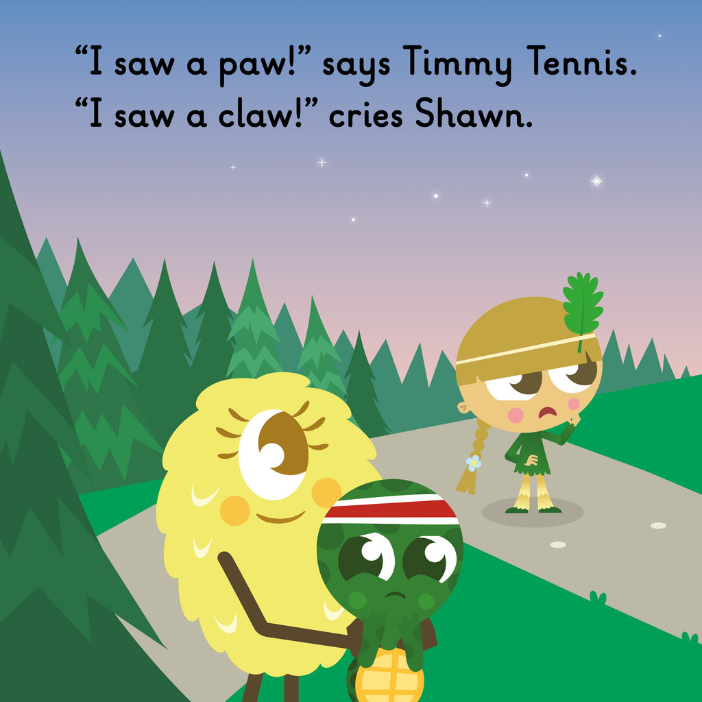 Learn phonics with Actiphons Crawling Shawn reading book page 2 Timmy Tennis is worried as he thinks he's seen a paw but Netball Nelly his there to protect him
