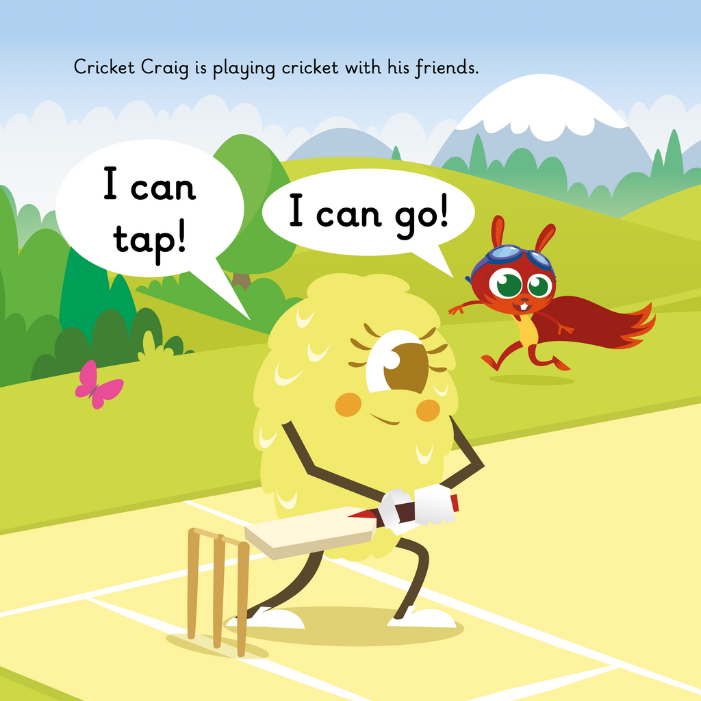Learn phonics with Actiphons Cricket Craig reading book page 1 Netballl Nelly playing cricket with her friends in the meadow