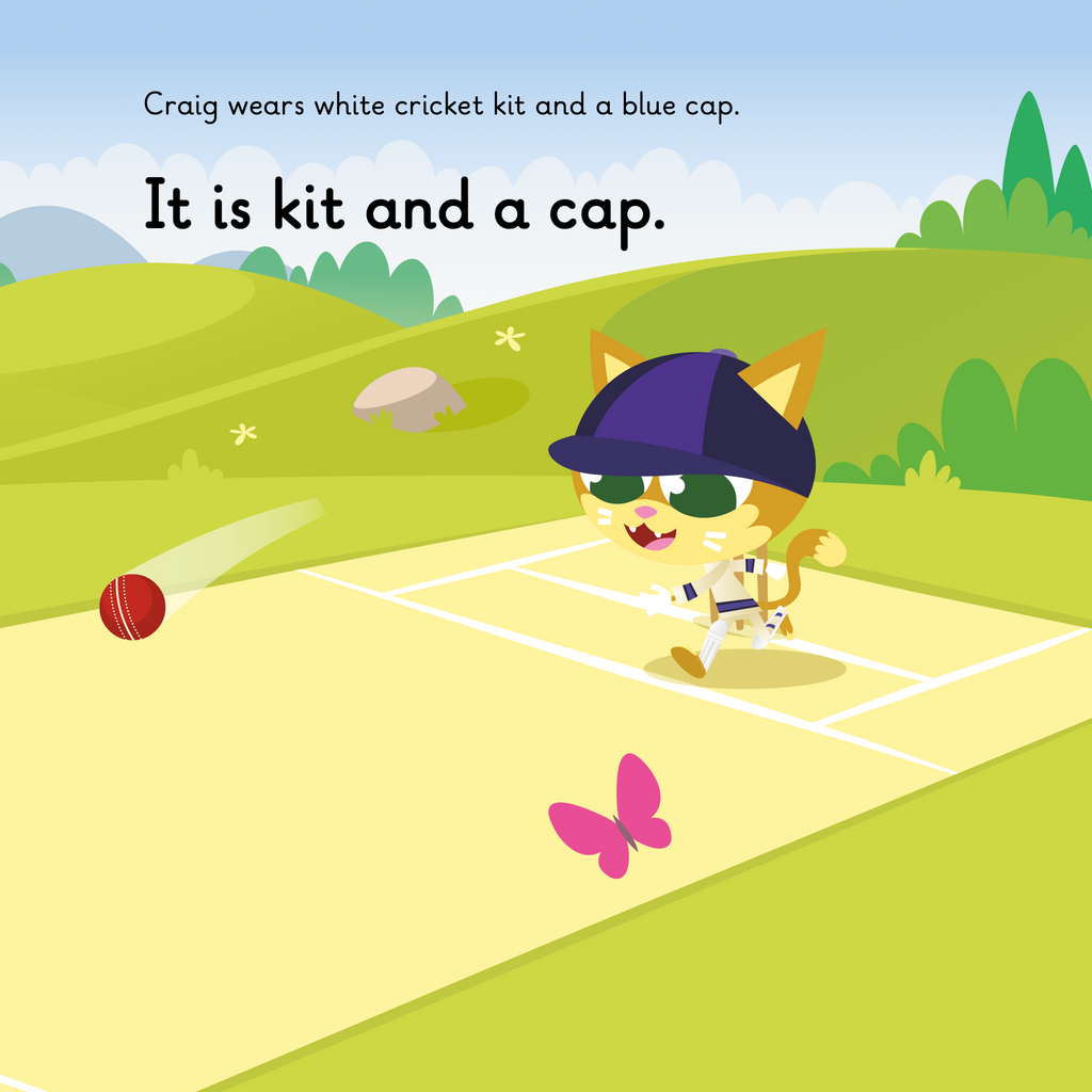 Learn phonics with Actiphons Cricket Craig reading book page 2 Cricket Craig in his Cricket outfit bowling a cricket ball