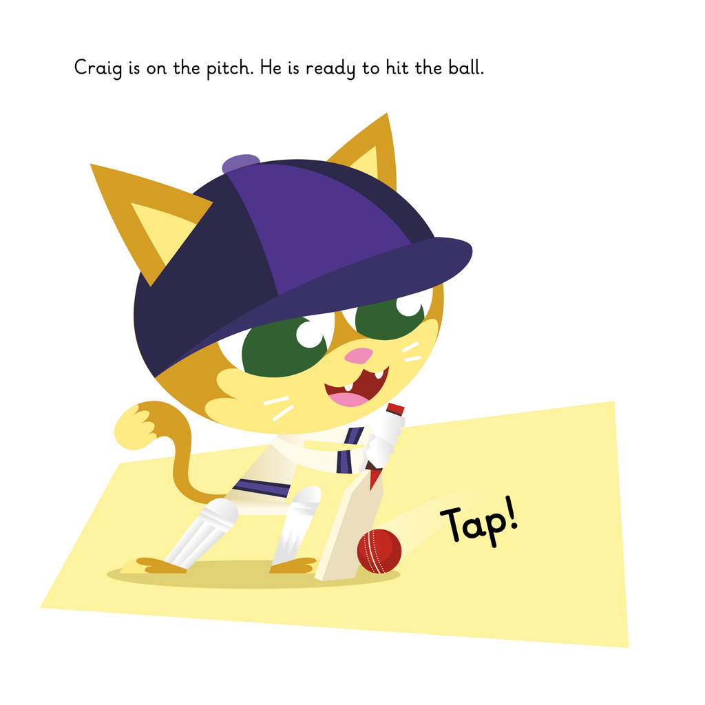 Learn phonics with Actiphons Cricket Craig reading book page 3 Cricket Craig in his cricket outfit wearing his blue cap hitting a cricket ball with his bat