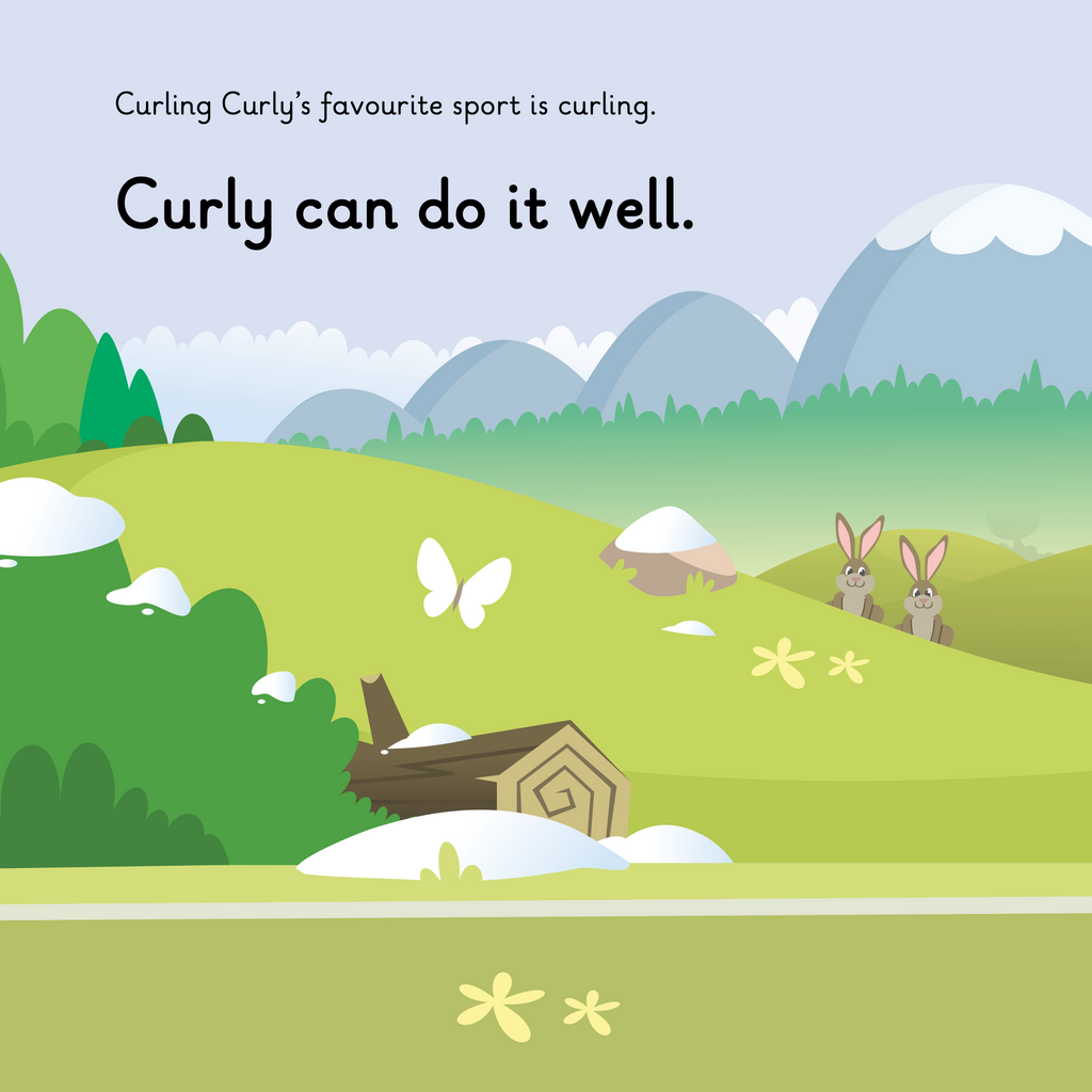 Learn phonics with Actiphons Curling Curly reading book page 1 Curling Curly favourite sport is curling 