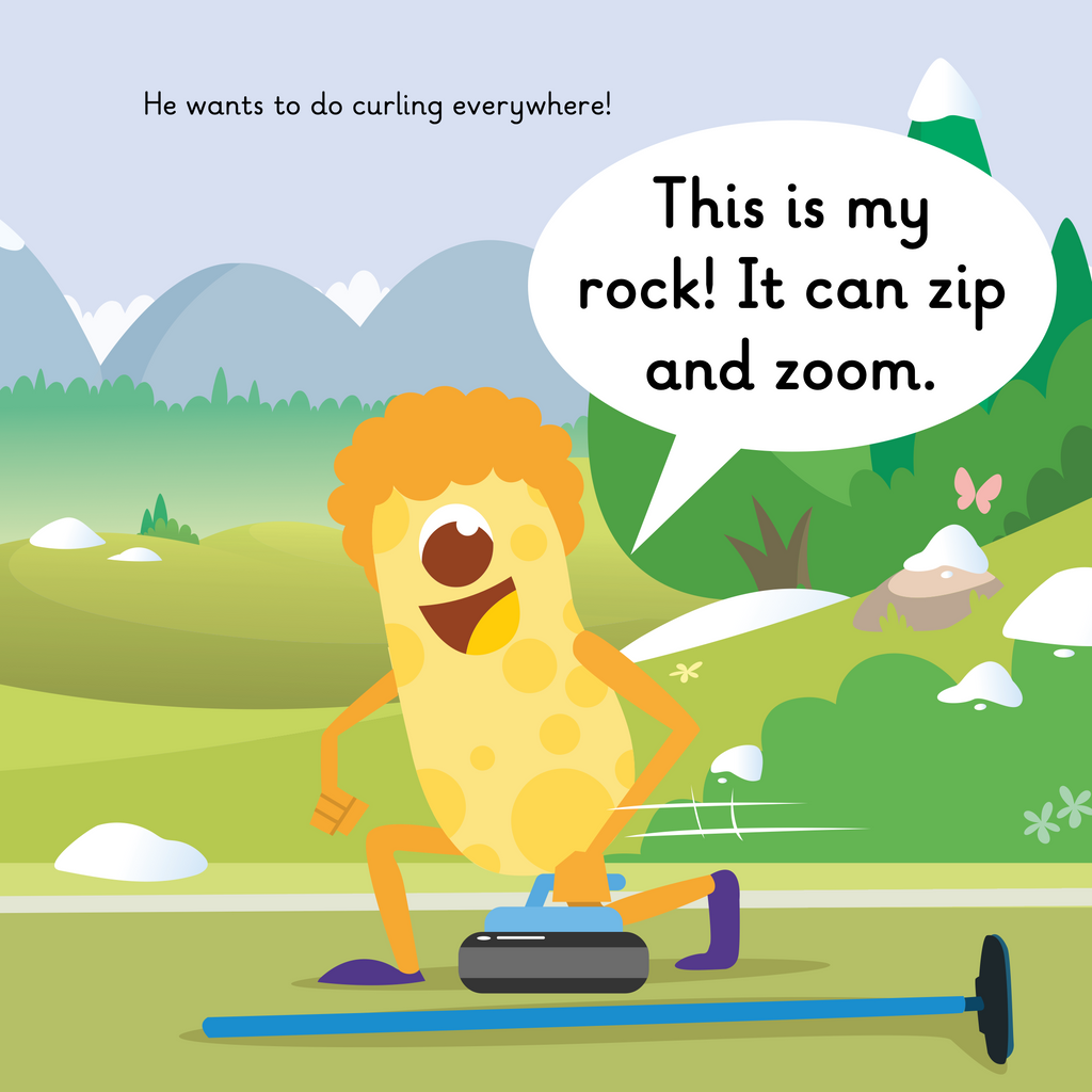 Learn phonics with Actiphons Curling Curly reading book page 2 Curling Curly is practising curling in the meadow with his stone and broom