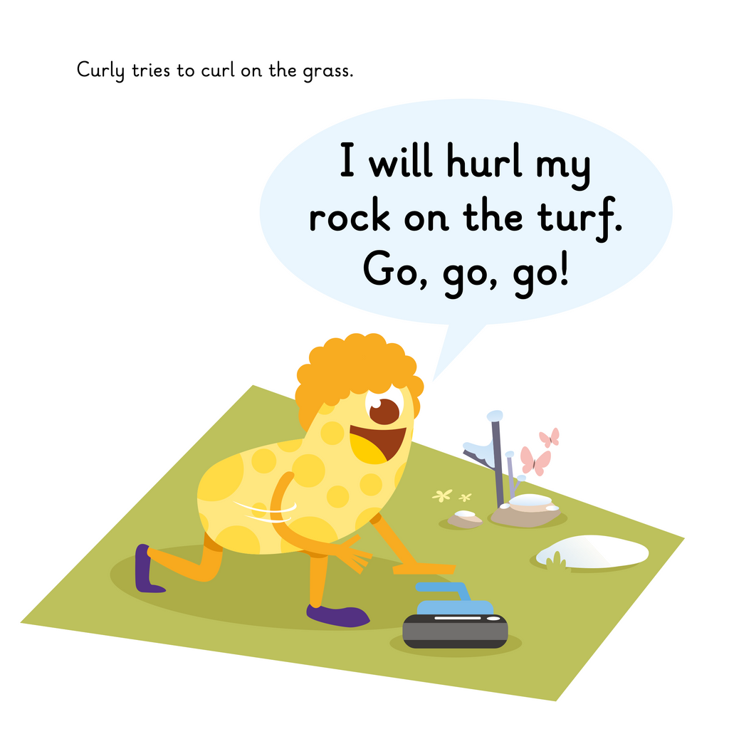 Learn phonics with Actiphons Curling Curly reading book page 3 Curling Curly is trying to curl on the grass wearing his favourite purple shoes