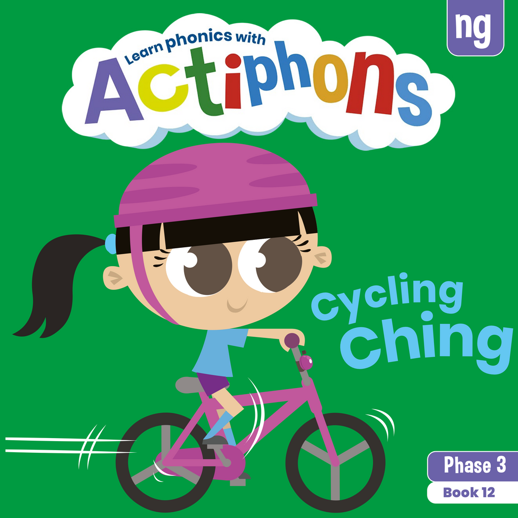Learn phonics with Actiphons Cycling Ching 'ng' sound reading book front cover