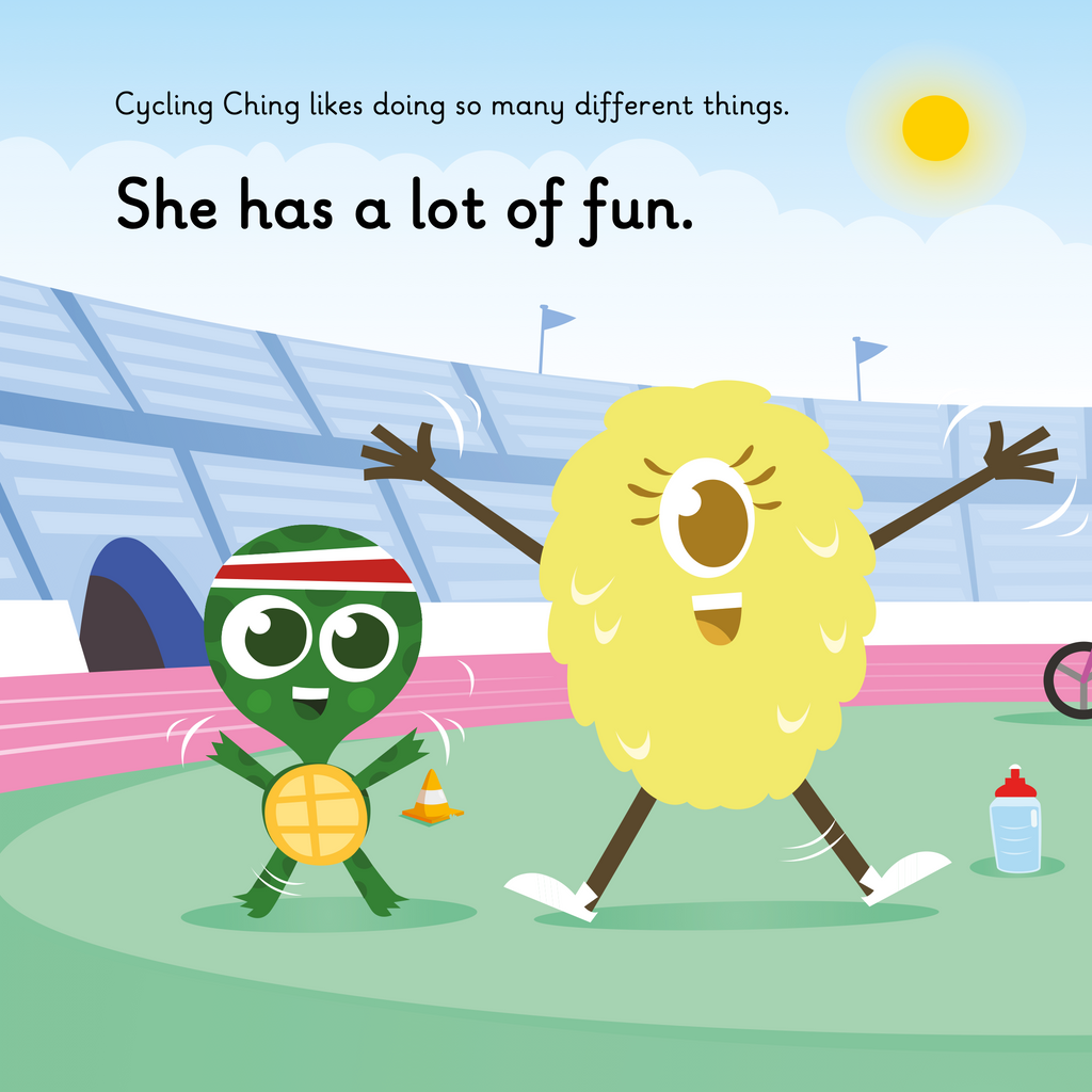 Learn phonics with Actiphons Cycling Ching reading book page 1 Timmy Tennis and Netball Nelly are practising their star jumps in the Active Arena in the sun shine