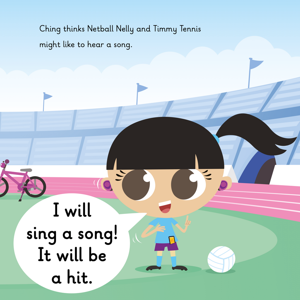 Learn phonics with Actiphons Cycling Ching reading book page 2 Cycling Ching is in the Active Arena with her bike looking for Timmy Tennis and Netball Nelly