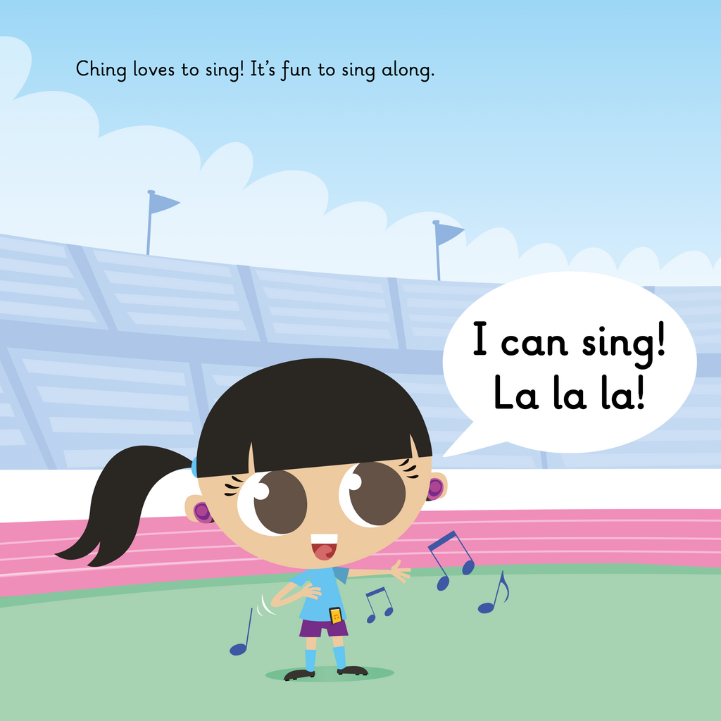 Learn phonics with Actiphons Cycling Ching reading book page 3 Cycling Ching is singing a song inside the Active Arena on the grass 