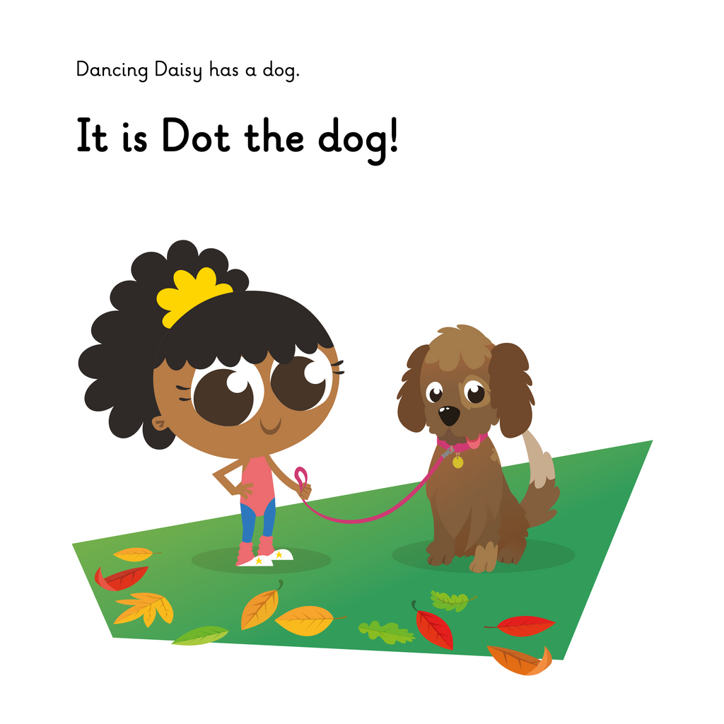 Learn phonics with Actiphons Dancing Daisy reading book page 1 Dancing Daisy and her dog Dot