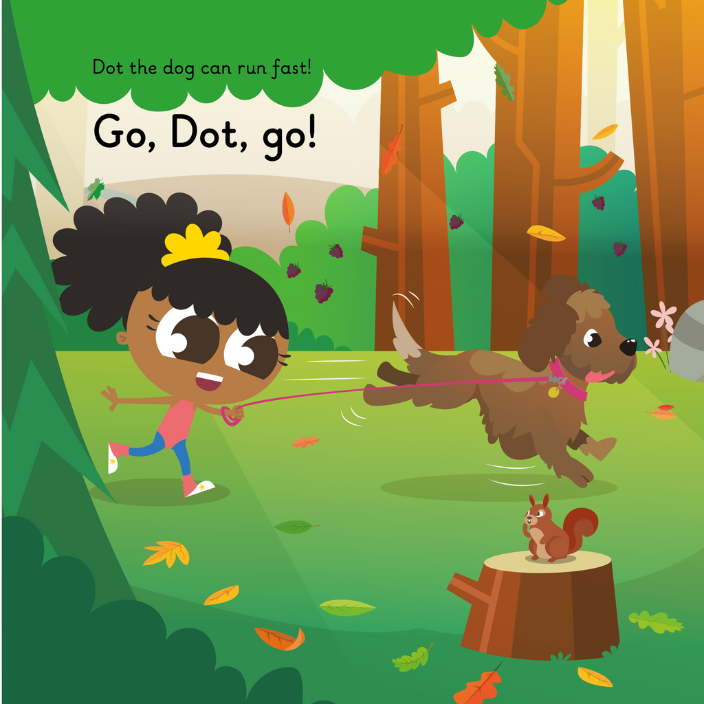 Learn phonics with Actiphons Dancing Daisy reading book page 2 Dancing Daisy in the forest walking her dog