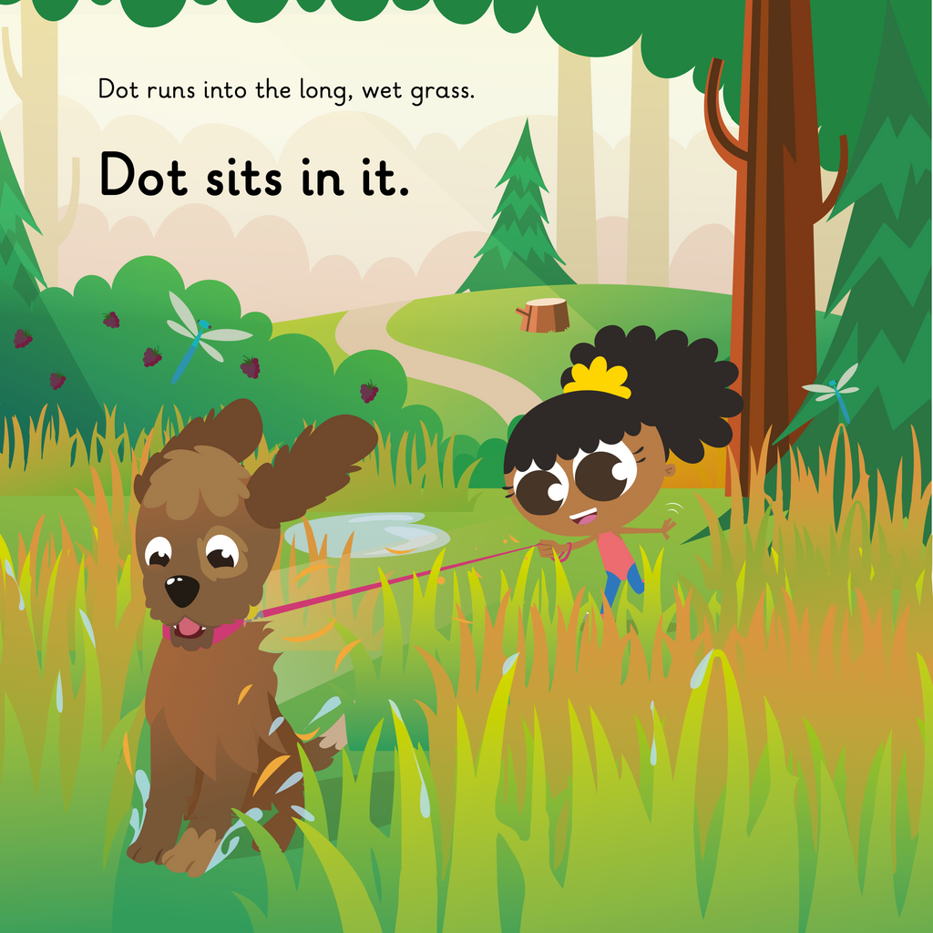 Learn phonics with Actiphons Dancing Daisy reading book page 3 Dancing Daisy and her dog Dot running in the long, wet grass