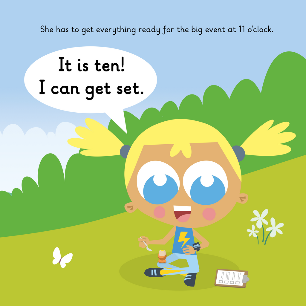 Learn phonics with Actiphons Energetic Erin reading book page 2 Energetic Erin having a boiled egg in the field for her breakfast