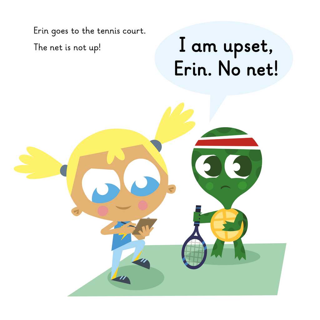 Learn phonics with Actiphons Energetic Erin reading book page 2 Energetic Erin with an upset Timmy Tennis as his tennis net is not up