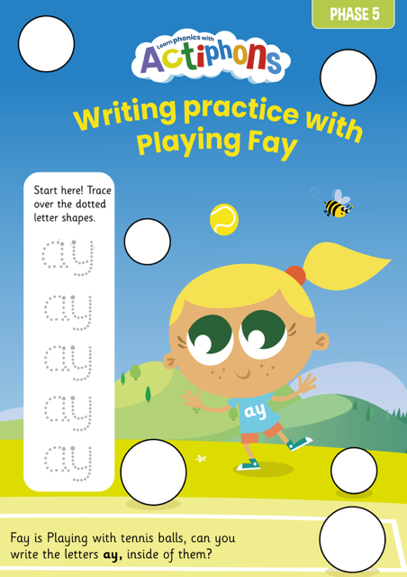 Phase 5 Phonics Actiphons worksheet practising the 'ay' sound with Playing Fay