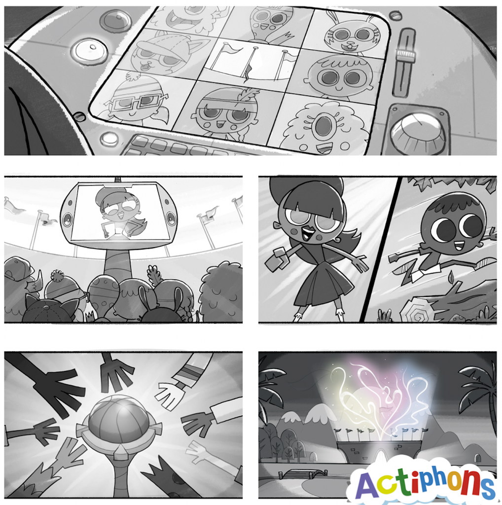 Black and White images of the main beats to the TV Series including the Actiphons Challenge selector, Active Arena Big screen, split screen image of Enerjai and Ollie, Activat8 button and Active Arena celebration scene
