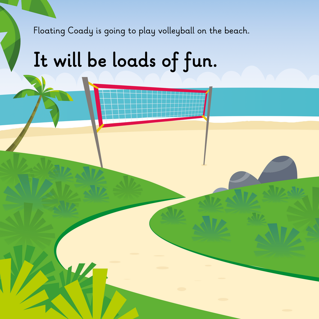 Learn phonics with Actiphons Floating Coady reading book page 1 Floating Coady is going down to the beach to play some beach Volleyball