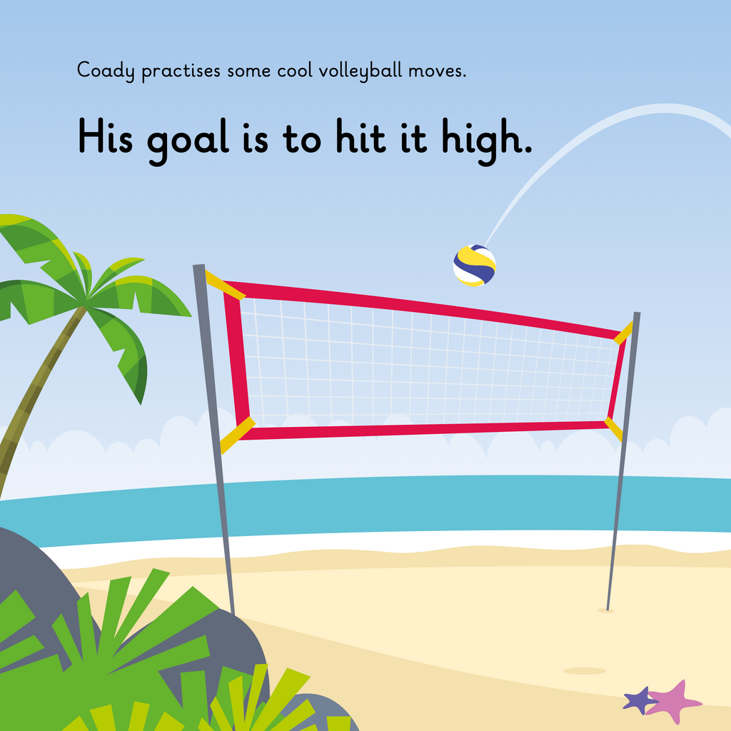 Learn phonics with Actiphons Floating Coady reading book page 3 Floating Coady is practicing his Volleyball skills on the beach over the high Volleyball net