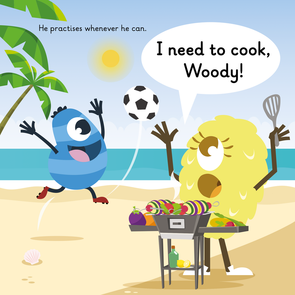 Learn phonics with Actiphons Football Woody reading book page 2 Football Woody is dribbling his football on the beach where Netball Nelly is cooking a BBQ