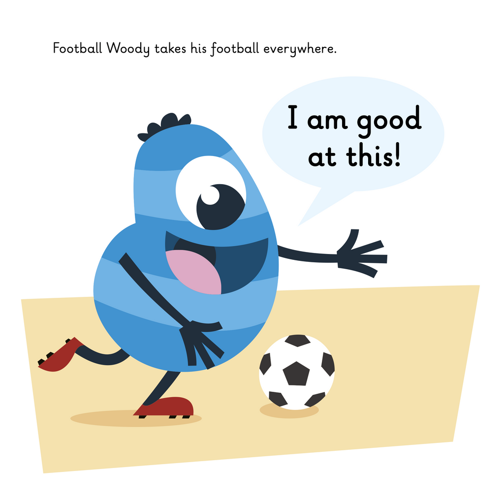 Learn phonics with Actiphons Football Woody reading book page 1 Football Woody is dribbling his football with a big smile on his face