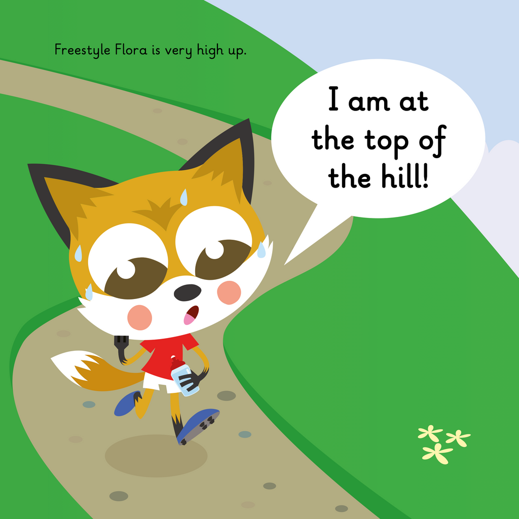 Learn phonics with Actiphons Freestyle Flora reading book page 1 Freestyle Flora running down a very high hill