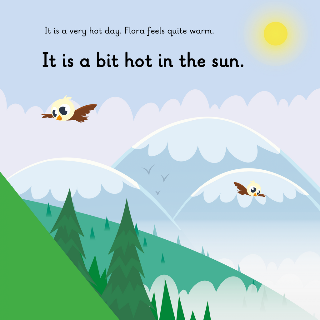 Learn phonics with Actiphons Freestyle Flora reading book page 2 birds flying over the mountains on a very hot sunny day