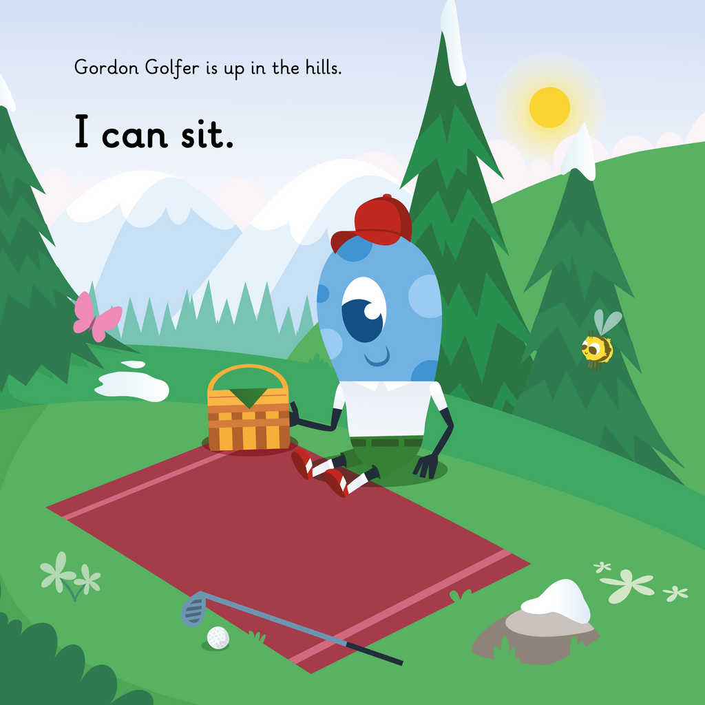 Learn phonics with Actiphons Gordon Golfer reading book page 1 Gordon Golfer in the hills having a picnic with the sun shining