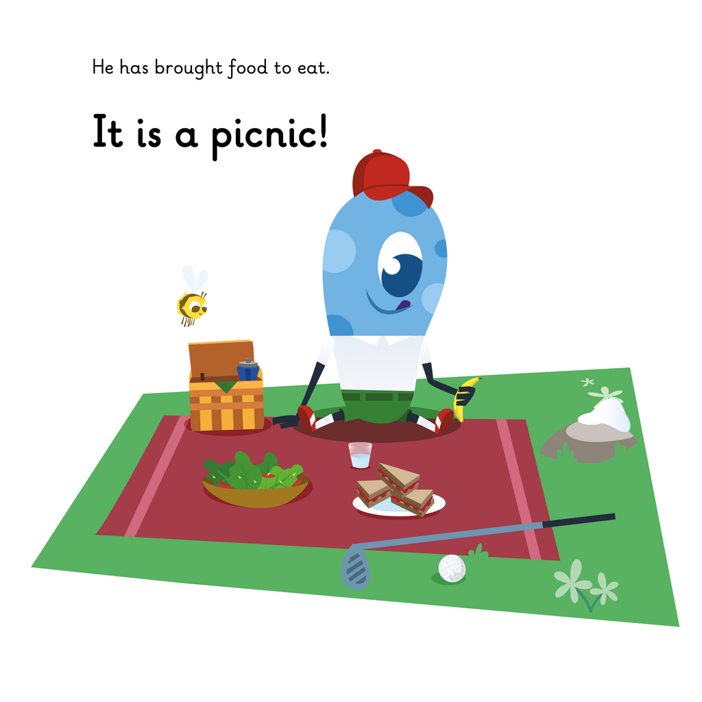 Learn phonics with Actiphons Gordon Golfer reading book page 2 Gordon Golfer having a picnic in the hills