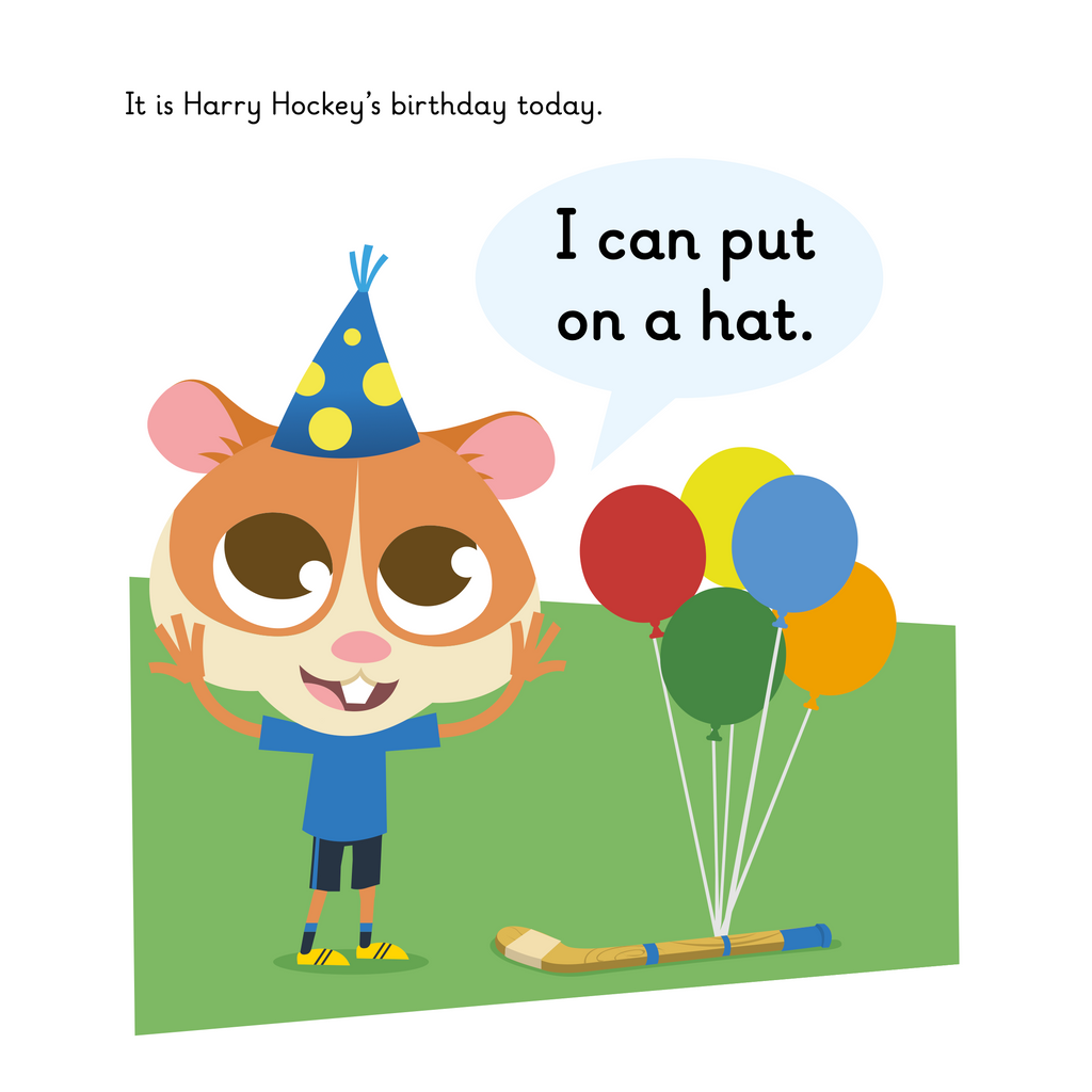 Learn phonics with Actiphons Harry Hockey reading book page 1 Harry Hockey standing next to some colourful balloons as it's his birthday