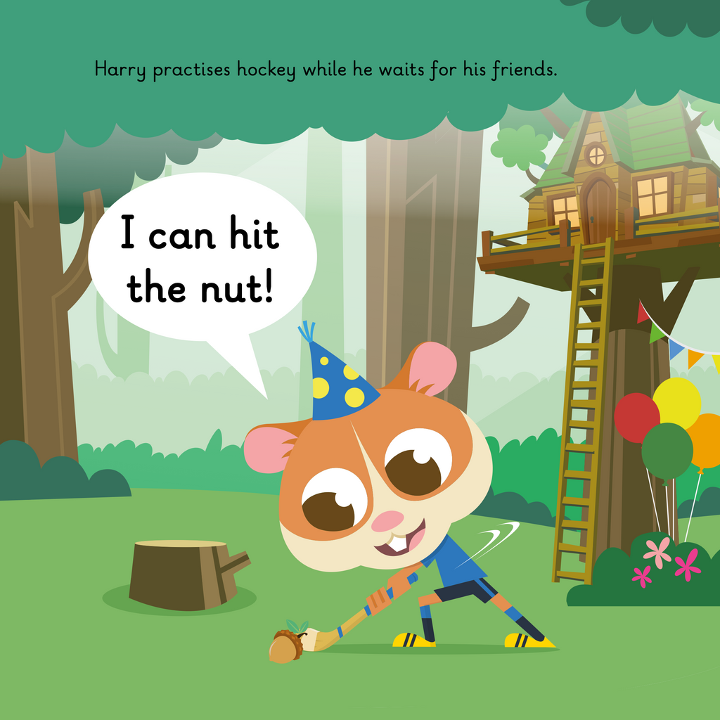 Learn phonics with Actiphons Harry Hockey reading book page 2 Harry Hockey practising his hockey skills next a tree house with a birthday hat on