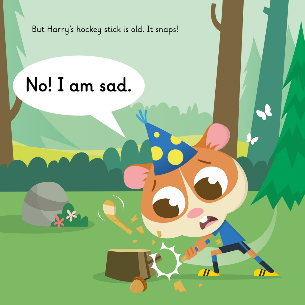 Learn phonics with Actiphons Harry Hockey reading book page 3 Harry Hockey breaking his old hockey stick by hitting it on a tree stump