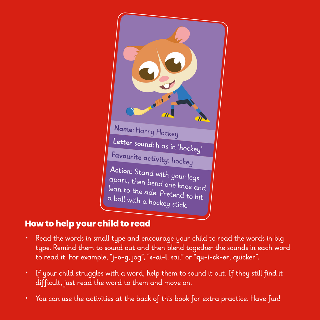 Learn phonics with Actiphons Harry Hockey 'h' sound reading book help your child to read page