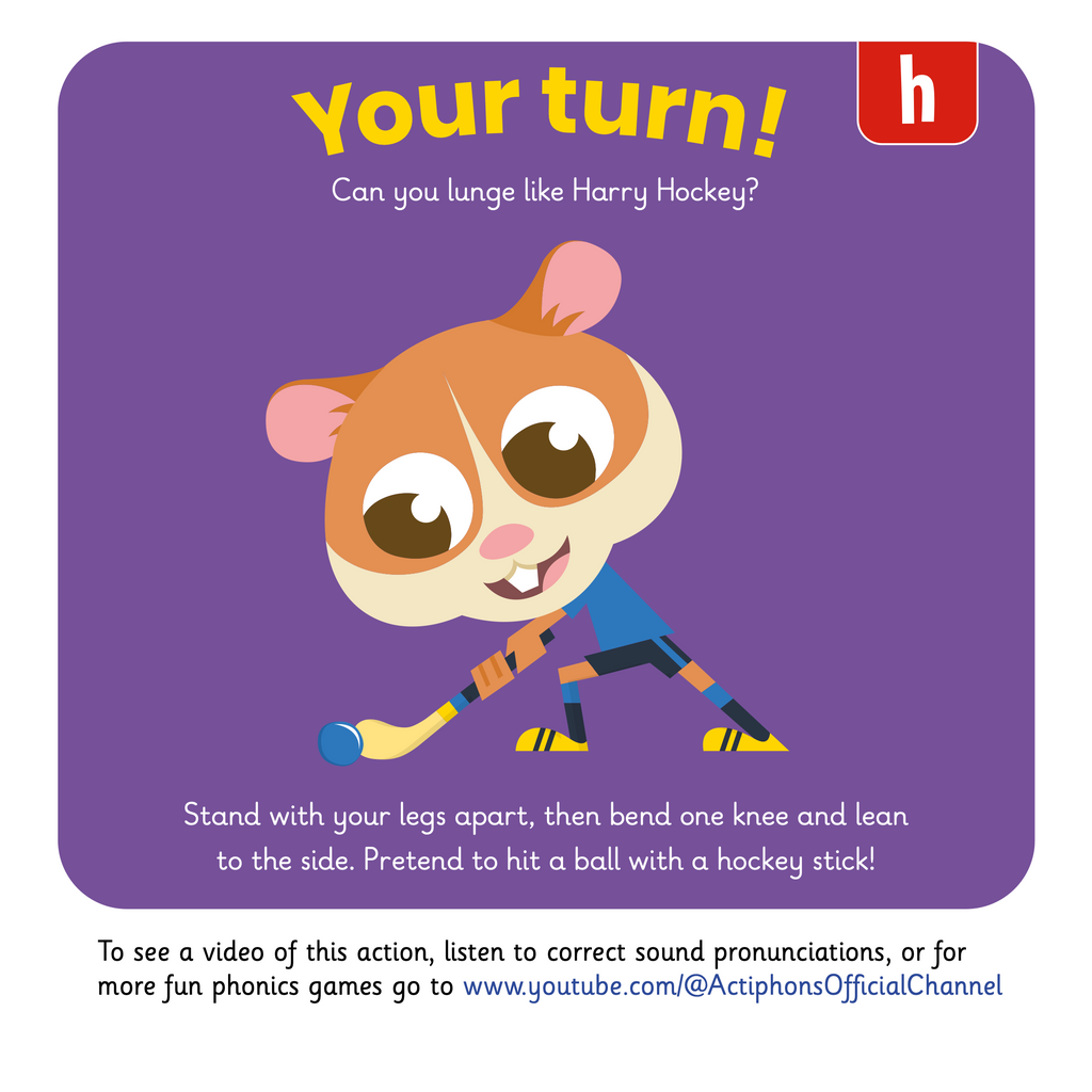 Learn phonics with Actiphons Harry Hockey 'h' sound reading book Your Turn page showing children how lunge and hit a ball with a hockey stick like Harry Hockey