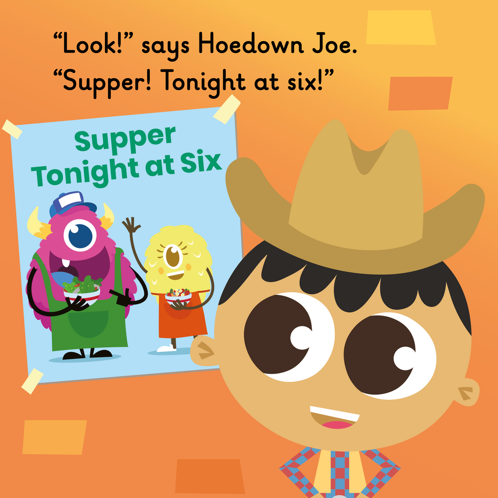 Learn phonics with Actiphons Hoedown Joe reading book page 1 Hoedown Joe is reading a poster with Physical Phil and Netball Nelly on saying supper tonight is a 6