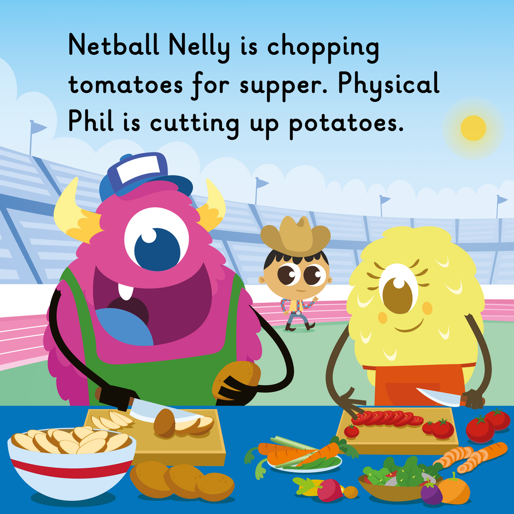 Learn phonics with Actiphons Hoedown Joe reading book page 2 Physical Phil and Netball Nelly are chopping up potatoes, tomatoes and preparing for supper