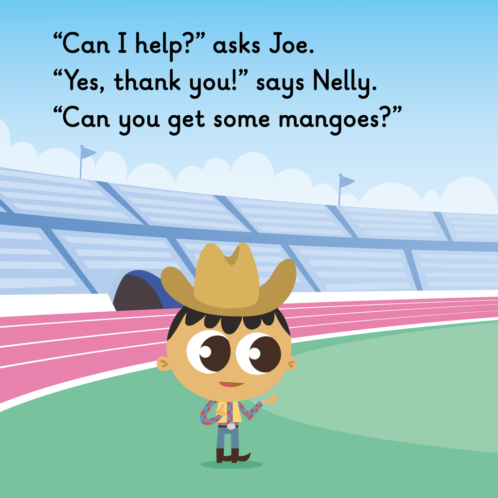 Learn phonics with Actiphons Hoedown Joe reading book page 3 Hoedown Joe is inside the Active Arena asking if he can help make supper