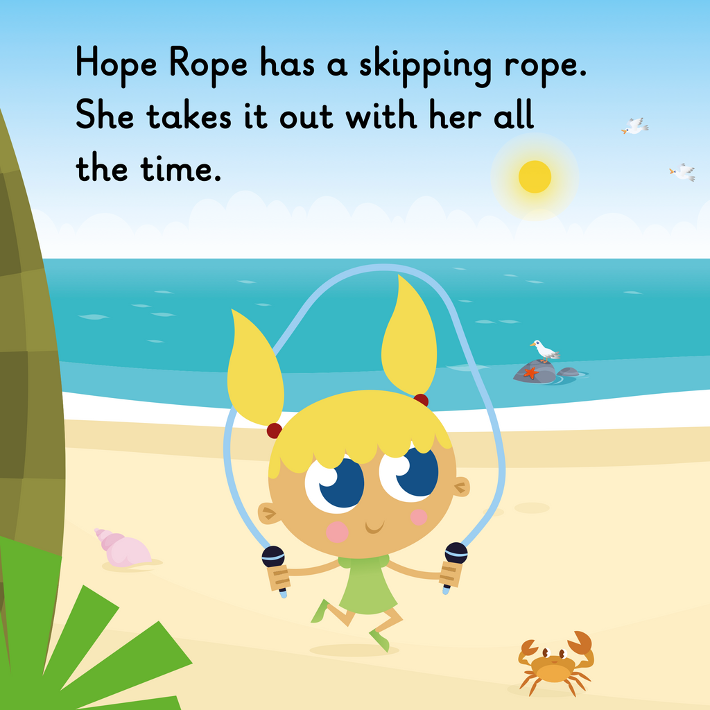 Learn phonics with Actiphons Hope Rope reading book page 1 Hope Rope is skipping along the beach with her skipping rope on a hot sunny day