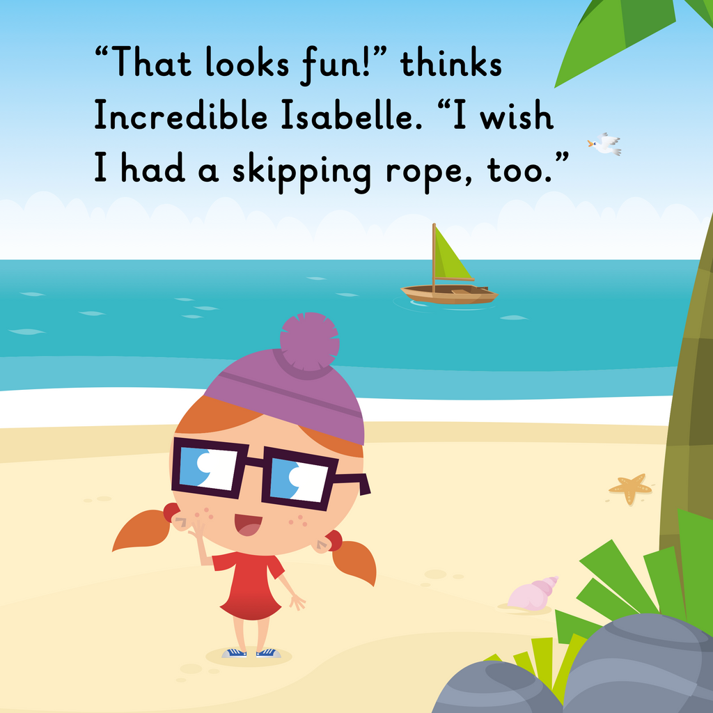 Learn phonics with Actiphons Hope Rope reading book page 2 Incredible Isabelle is at the beach watching Hope Rope skipping and thinks it look fun