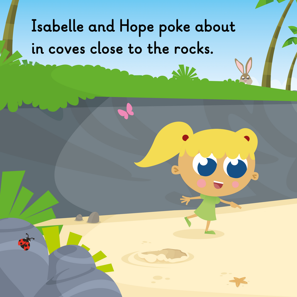 Learn phonics with Actiphons Hope Rope reading book page 3 Hope Rope is exploring the beach coves with a rabbit watching her 