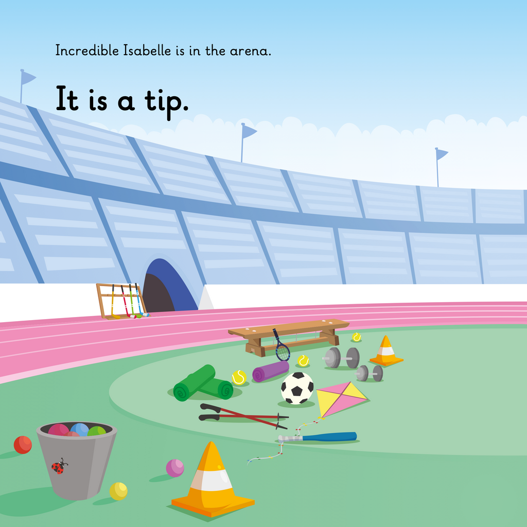 Learn phonics with Actiphons Incredible Isabelle reading book page 1 inside the Active Arena with lots of balls, cones, benches and weights scattered about on the floor