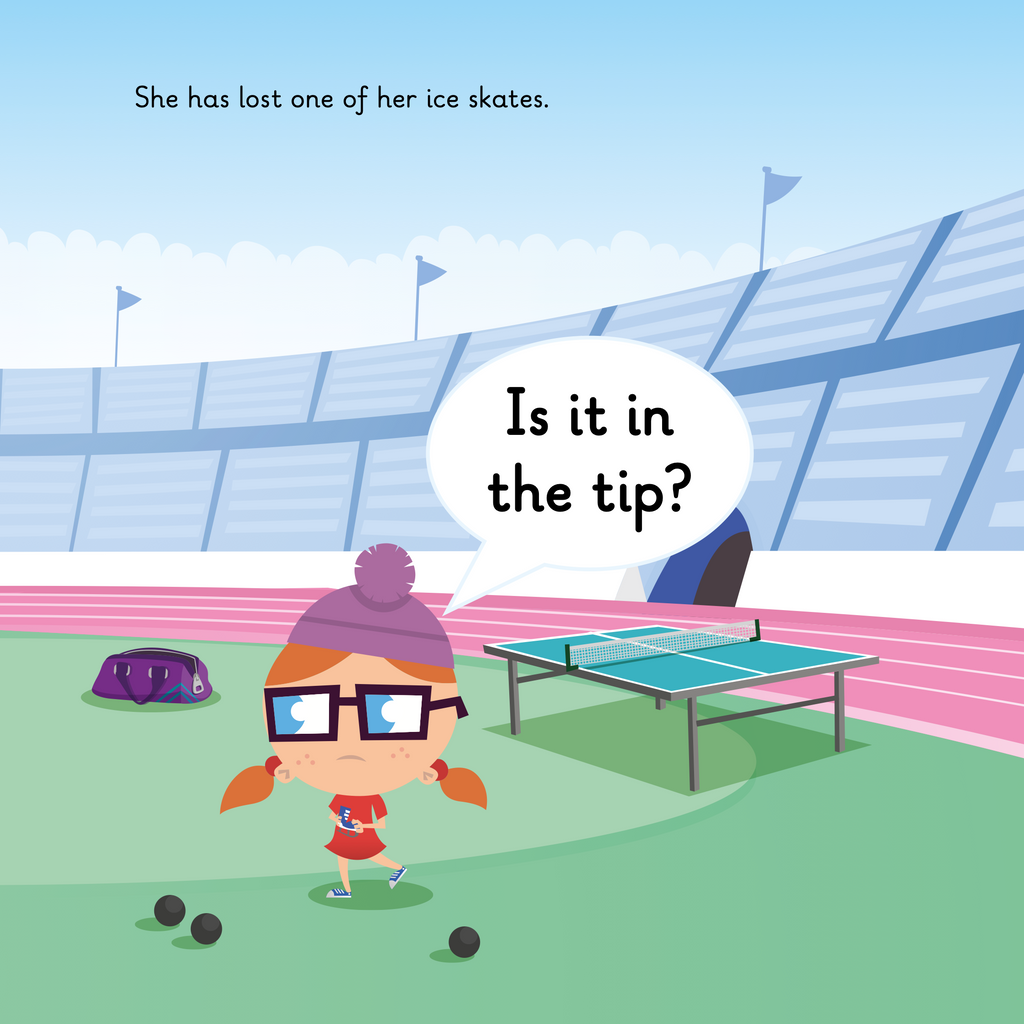 Learn phonics with Actiphons Incredible Isabelle reading book page 2 Incredible Isabelle inside the Active Arena next to a table tennis table