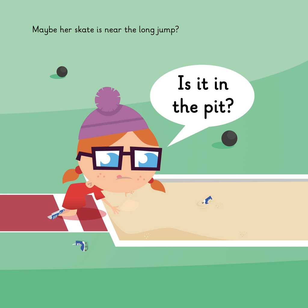 Learn phonics with Actiphons Incredible Isabelle reading book page 3 Incredible Isabelle looking for her skate near the long jump pit inside the Active Arena