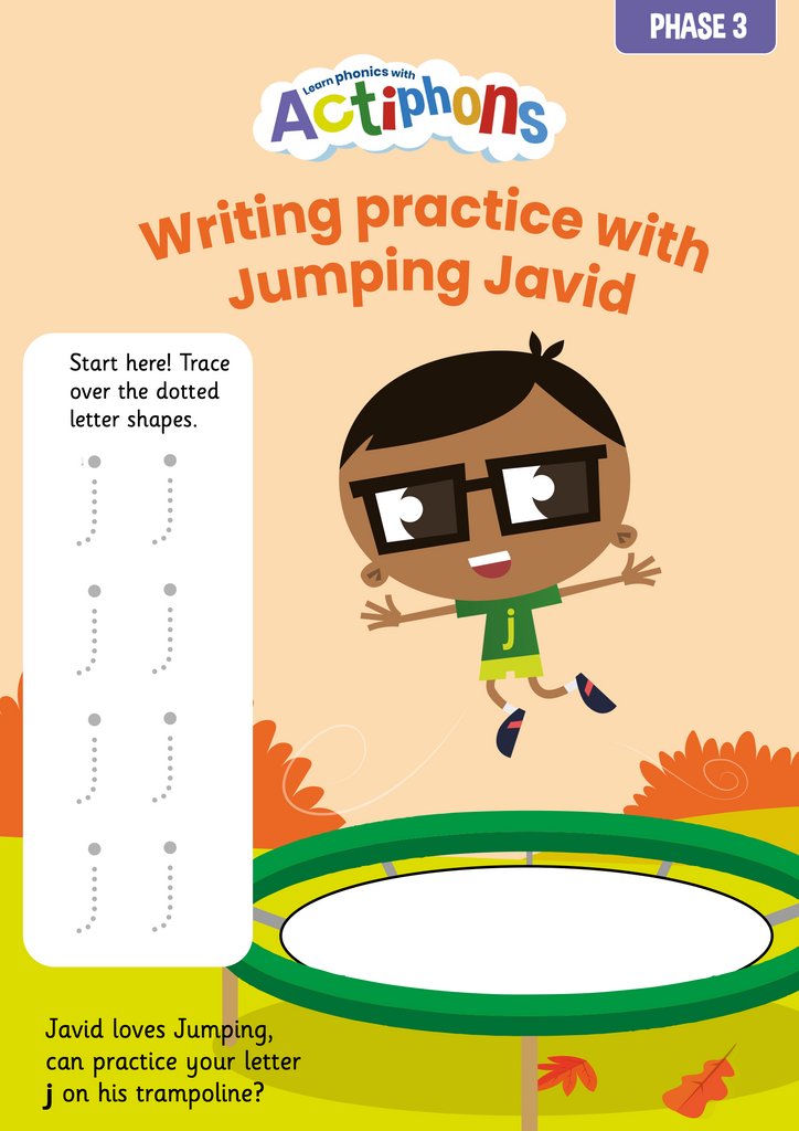 Phase 3 Phonics 'j' sound writing practise with Jumping Javid