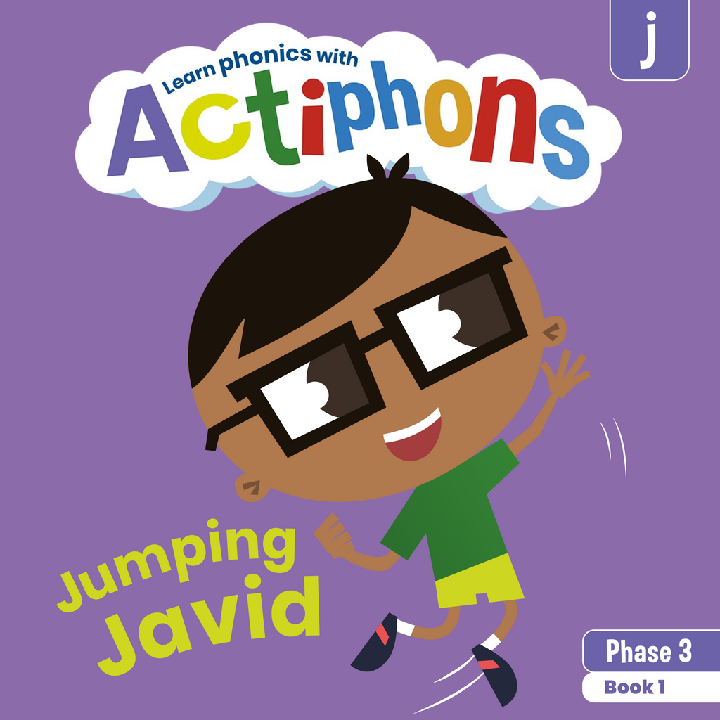 Learn phonics with Actiphons Jumping Javid 'j' sound reading book front cover