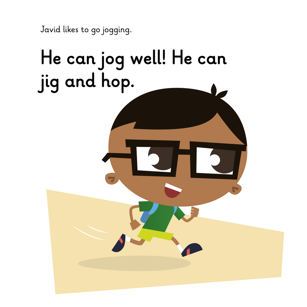 Learn phonics with Actiphons Jumping Javid reading book page 2 Learn phonics with Actiphons Jumping Javid reading book page 2 practising his jogging with his backpack and glasses on