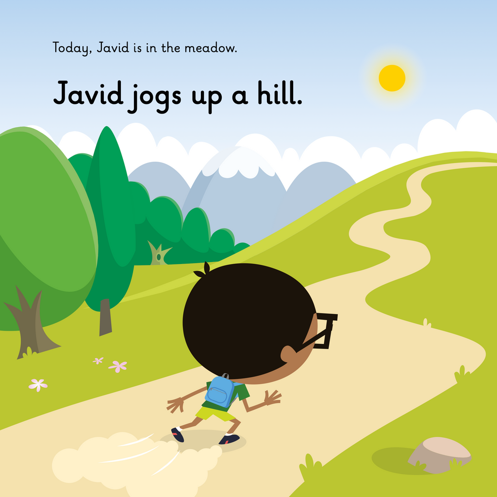 Learn phonics with Actiphons Jumping Javid reading book page 3 Jumping Javid jogs up the hill in the sun shine to keep fit