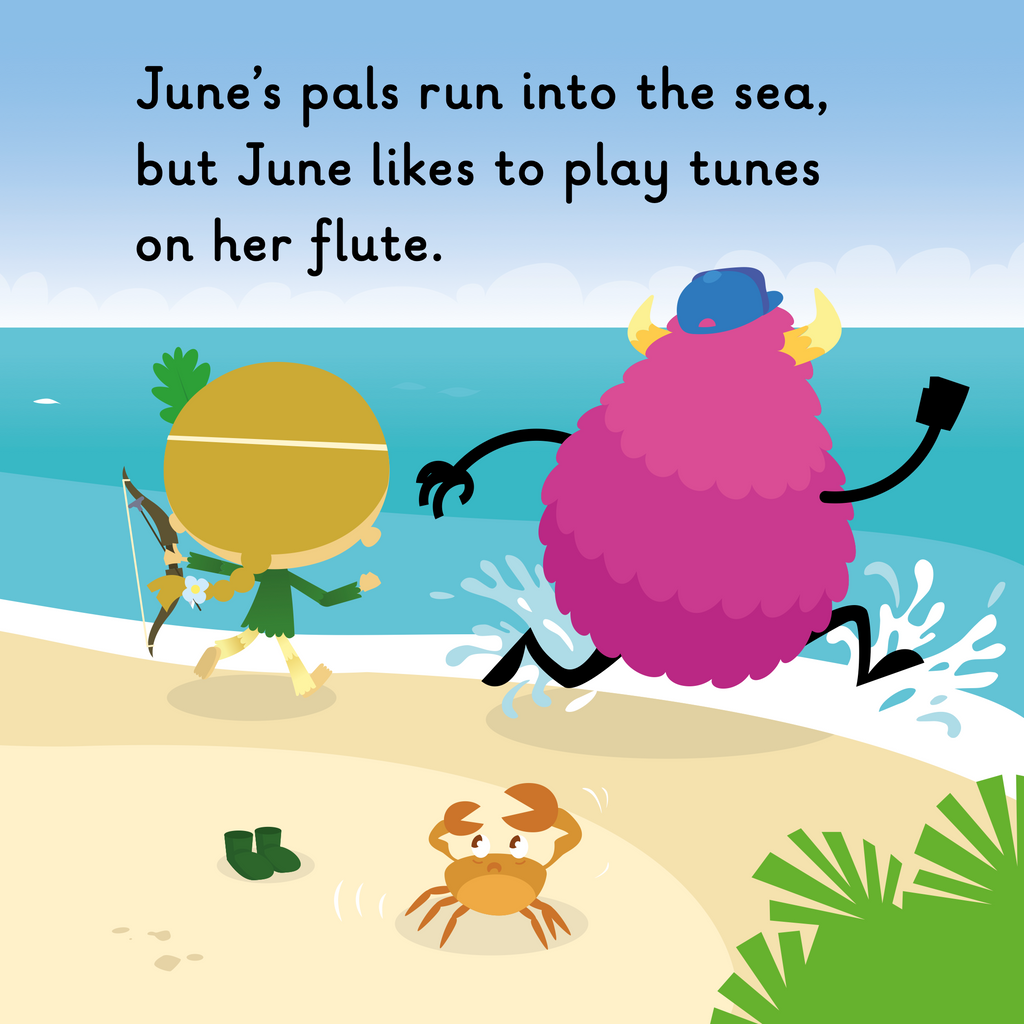 Learn phonics with Actiphons June Tune reading book page 2 Adventure Annie and Physical Phil are running into the sea to cool down on a hot sunny day at the beach