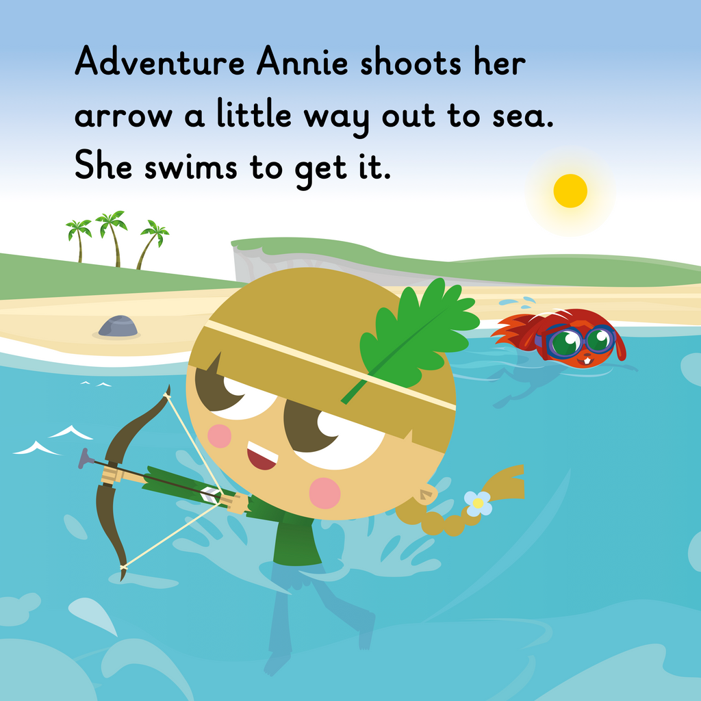 Learn phonics with Actiphons June Tune reading book page 3 Adventure Annie is playing with her bow and arrow in the sea with Swimming Sally 