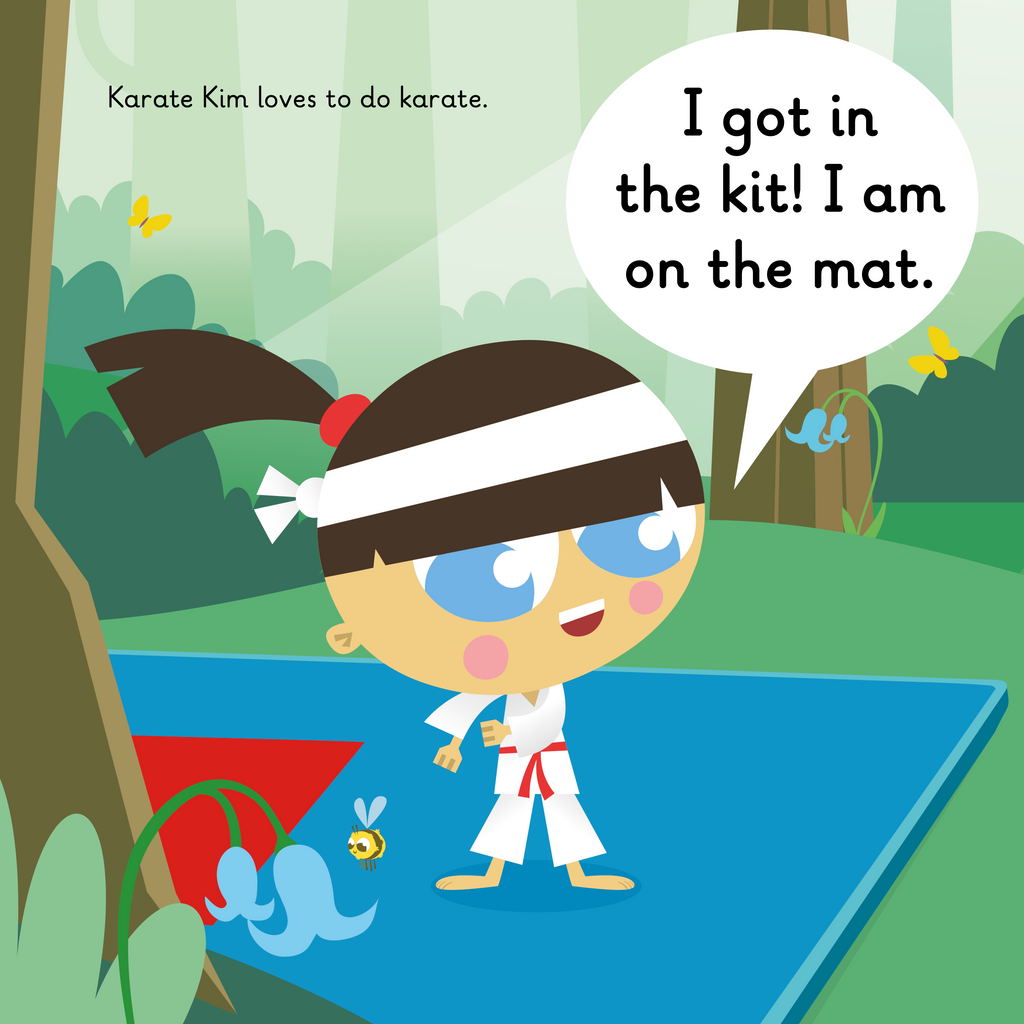 Learn phonics with Actiphons Karate Kim reading book page 1 Karate Kim placing her Karate mat on the floor in the woods