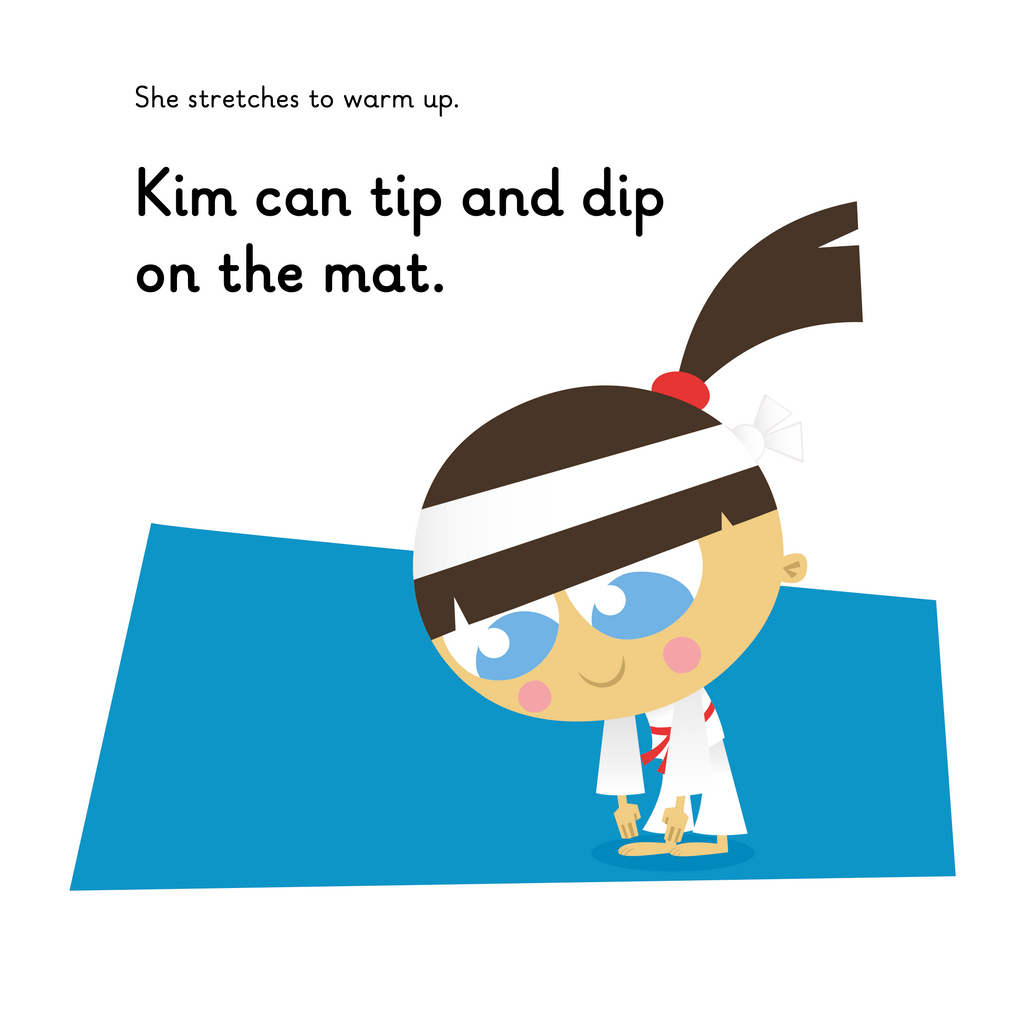 Learn phonics with Actiphons Karate Kim reading book page 2 Karate Kim practising her stretches on her blue mat