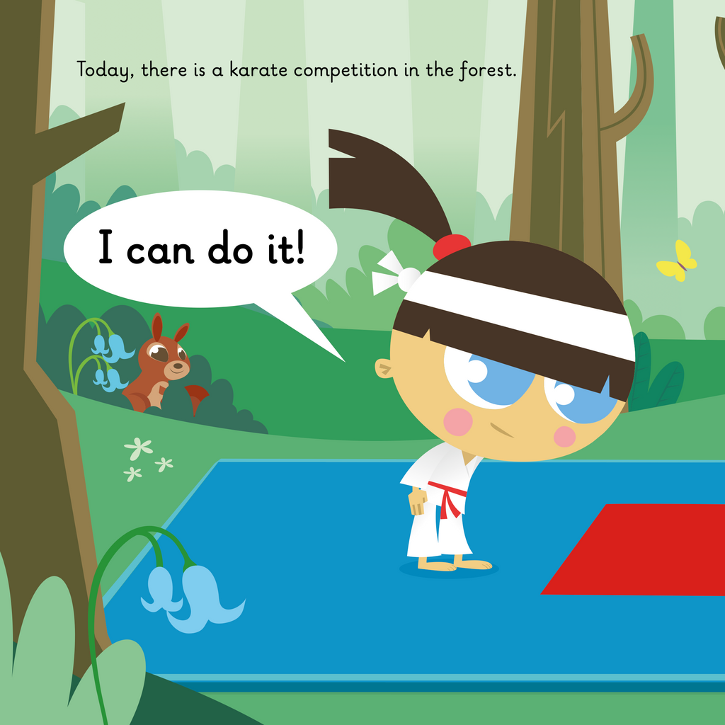 Learn phonics with Actiphons Karate reading book page 3 Kim practising her Karate skills in the forest on her blue mat with a squirrel watching her