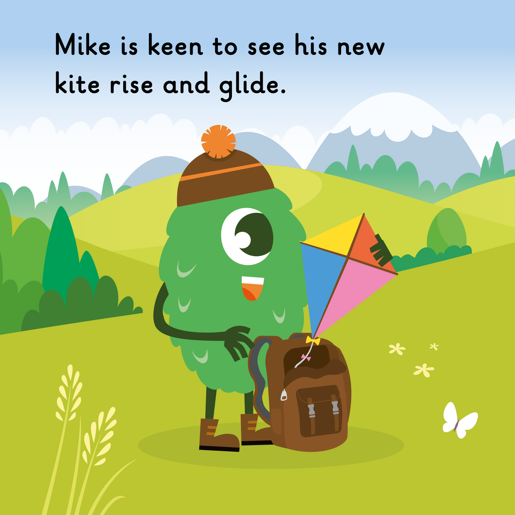 Learn phonics with Actiphons Kite Mike reading book page 3 Kite Mike is wearing his favourite brown bob hat getting his brand new colourful kite out of his bag